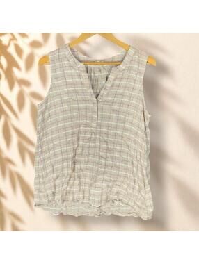 Mystree Blouse Women M Medium Beige Plaid V-Neck Sleeveless Wide Strap Cotton